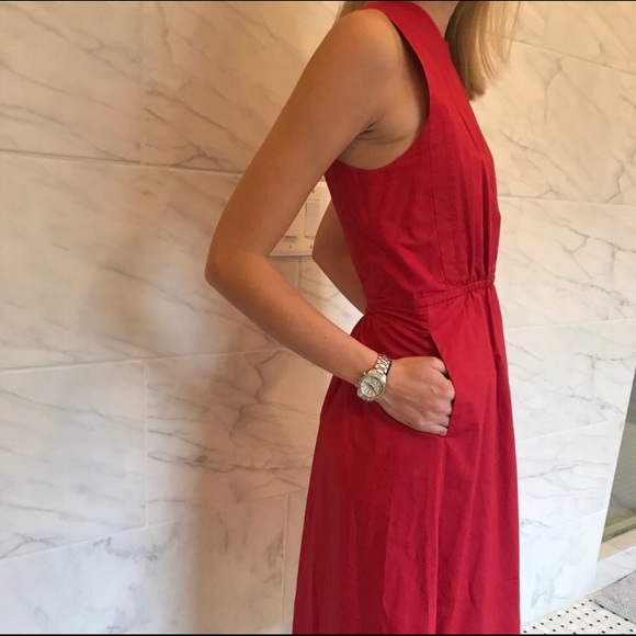 Madewell Red Midi Dress with Pockets - Picture 2 of 5